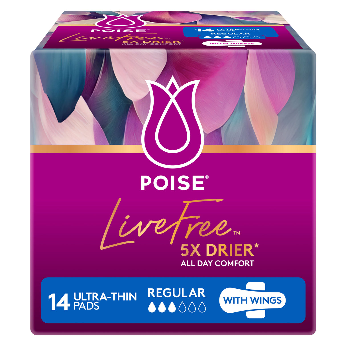 Poise LIVEFREE Regular Pads with Wings - 14 Pack