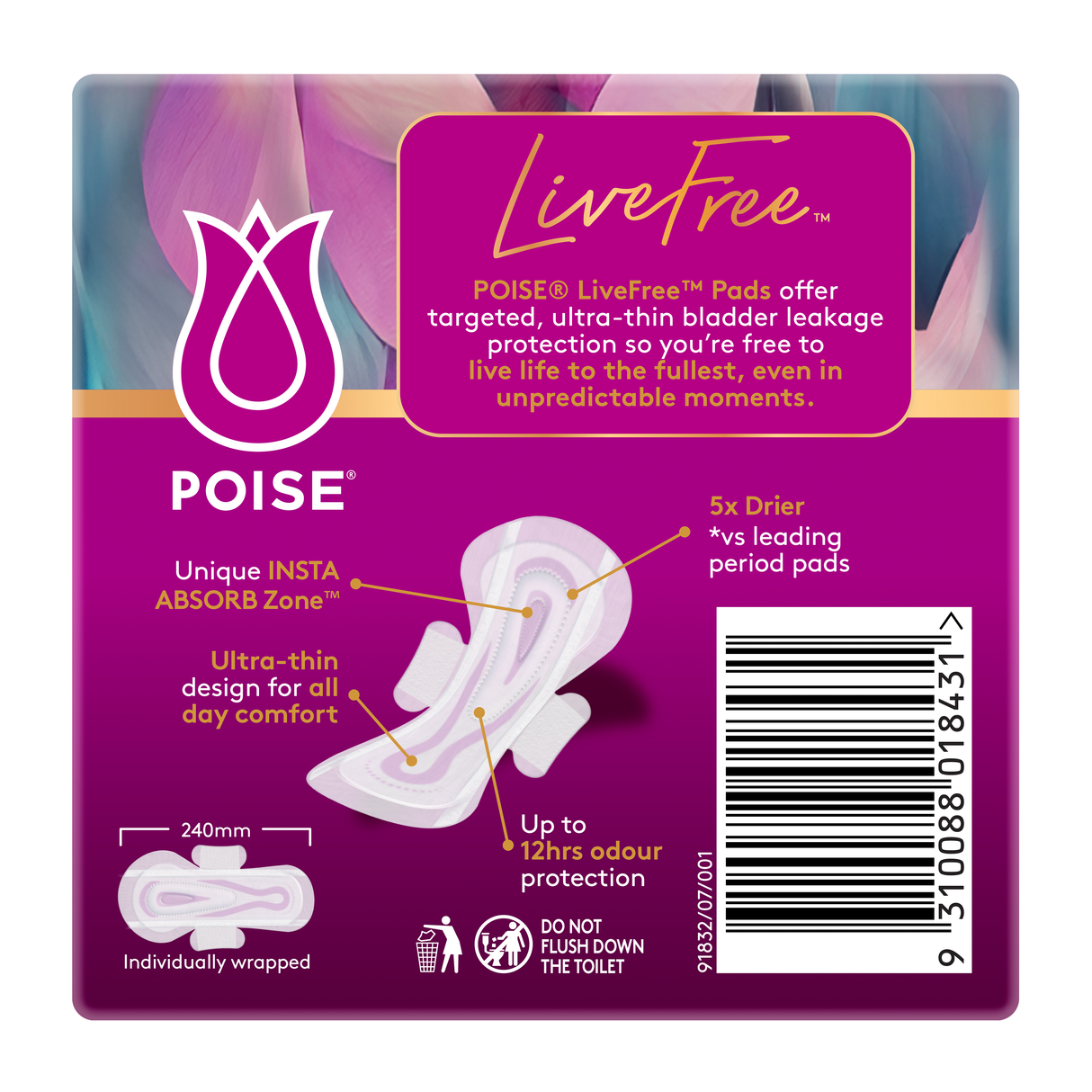 Poise LIVEFREE Regular Pads with Wings - 14 Pack